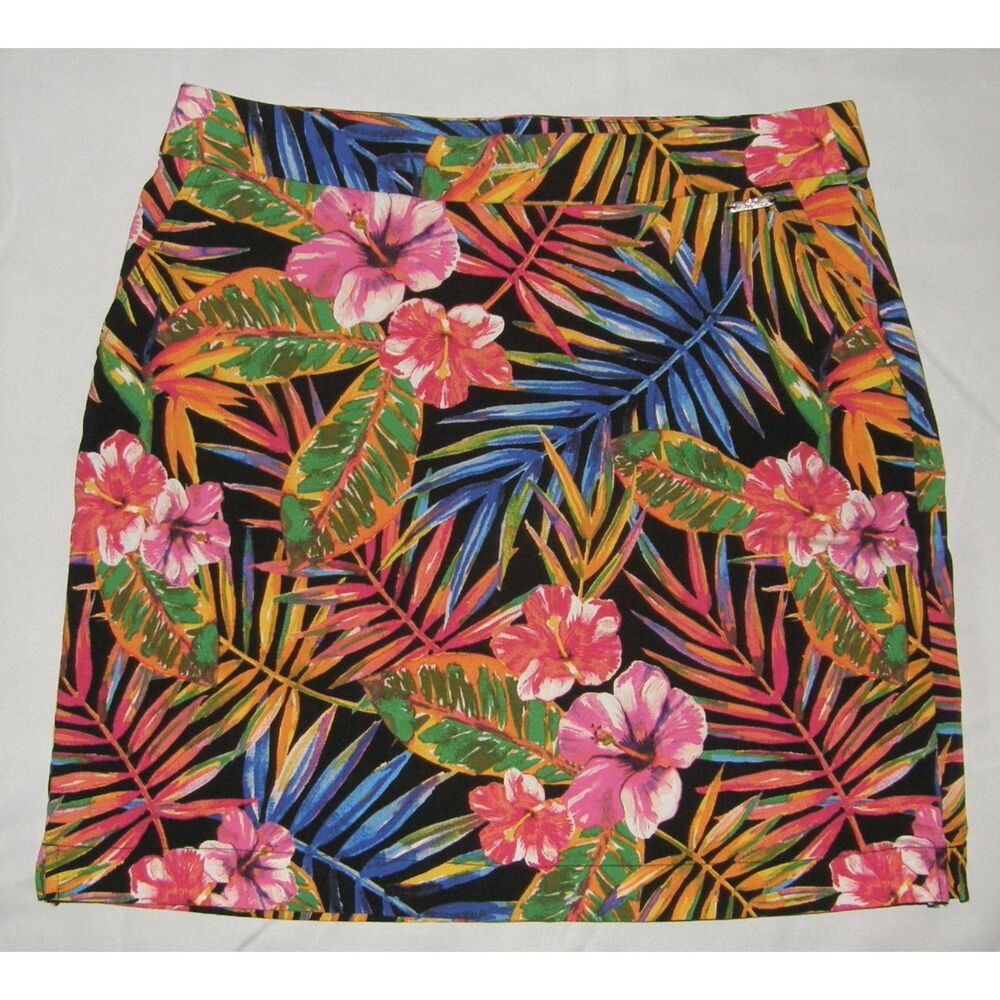 RAFAELLA Bright Tropical Floral Sz Medium Elastic Waist Stretchy Skort Pockets